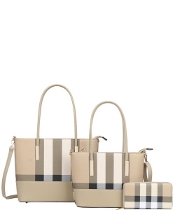 3in1 Plaid Smooth Tote Bag with Bag and Wallet Set LM-8557-S KHAKI